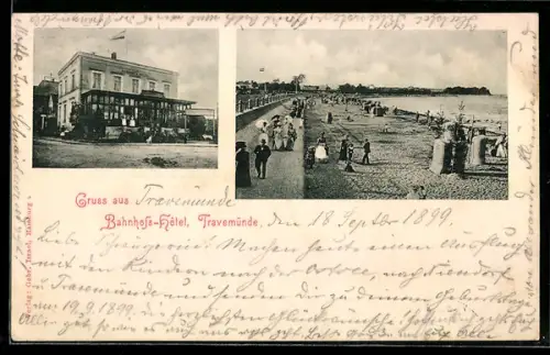 AK Travemünde, Bahnhofs-Hotel, Strandpartie