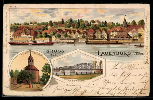 Lithographie Lauenburg a. Elbe, Elbbrücke, Fluss mit Dampfer, Alter Schlossturm