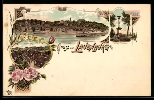 Lithographie Lauenburg, Krieger-Denkmal, Hohler Weg, Dampfer und Ufer-Partie