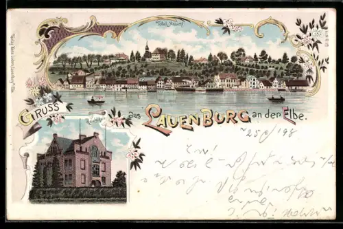 Lithographie Lauenburg an der Elbe, Realschule, Panoramaansicht vom Wasser aus