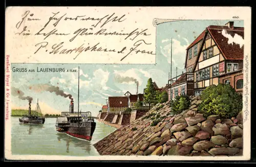 Lithographie Lauenburg a. Elbe, Dampfer am Ufer