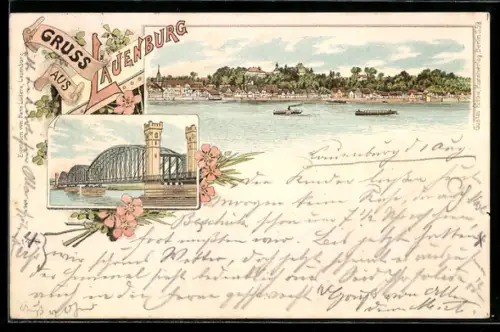 Lithographie Lauenburg, Brücke mit Türmen, Panorama vom Wasser gesehen