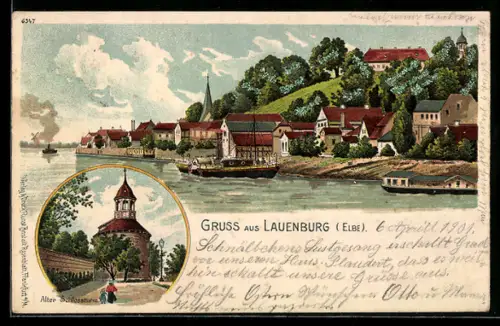 Lithographie Lauenburg /Elbe, Flusspartie, Alter Schlossturm