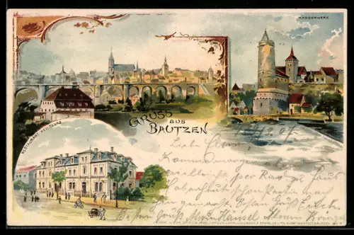 Lithographie Bautzen, Riesenbrücke, Wasserwerk, Kirche