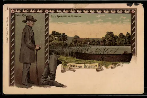 Lithographie Drüsensee, Ries Gasthaus am Drüsensee, Fischer Ries