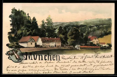 Lithographie München, Ortspartie am Waldrand