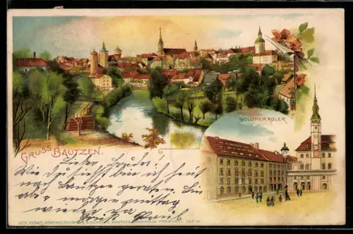 Lithographie Bautzen, Gasthof Goldener Adler, Flusspartie