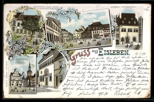 Lithographie Eisleben, Luthers Sterbehaus, Marktplatz mit Lutherdenkmal