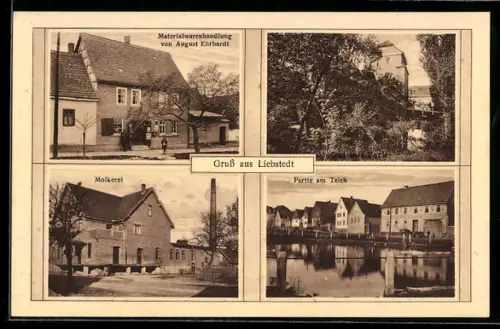 AK Liebstedt, Materialwarenhandlung von August Ehrhardt, Mokerei, Partie am Teich