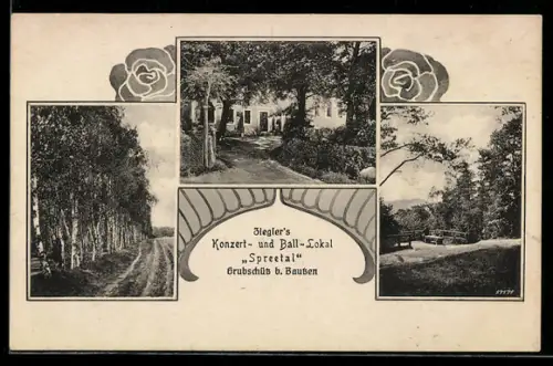 AK Grubschütz b. Bautzen, Zieglers Konzert- und Ball-Lokal Spreetal, Ortspartien