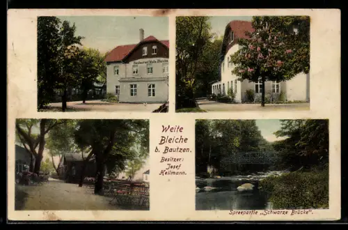 AK Bautzen, Gasthaus Weite Bleiche J. Heilmann mit Garten, Spreepartie