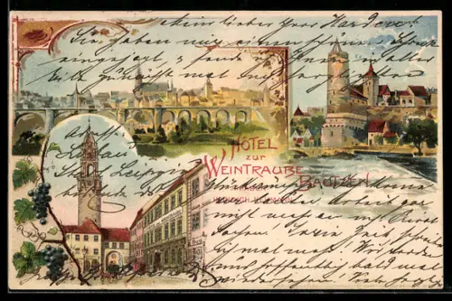 Lithographie Bautzen, Hotel zur Weintraube, Schloss, Teilansicht