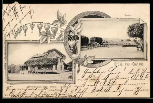 Lithographie Einhaus, Gasthaus Franz Stooss, Garten, Zweig