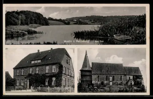 AK Mustin b. Ratzeburg, Gasthaus Aug. Steinfeld, Am See, Kirche