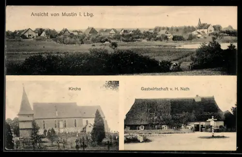 AK Mustin i. Lbg., Gasthaus v. H. Nath, Kirche, Teilansicht