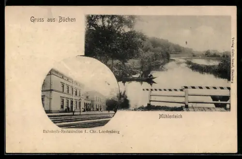 AK Büchen, Bahnhofs-Restaurant L. Chr. Londenberg und Mühlenteich