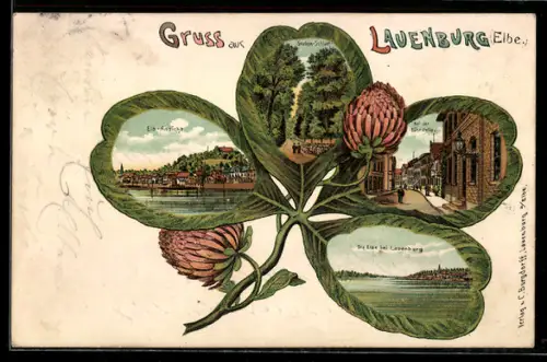 Passepartout-Lithographie Lauenburg /Elbe, Graben-Schlucht, An der Fährstelle, Elb-Ansicht, Kleeblatt