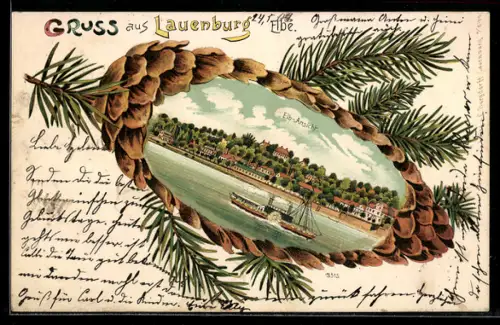Passepartout-Lithographie Lauenburg /Elbe, Elb-Ansicht mit Dampfer in Tannenzapfen-Passepartout