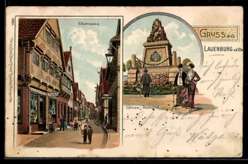 Lithographie Lauenburg a. d. Elbe, Lützow-Denkmal, Partie in der Elbstrasse mit Buchhandlung