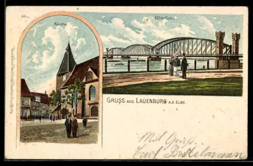 Lithographie Lauenburg a. d. Elbe, Ortspartie mit Kirche, Blick auf die Elbbrücke