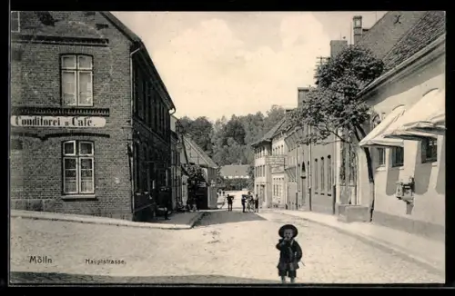 AK Mölln, Blick in die Hauptstrasse, Konditorei und Café, Gasthaus F. Stamer