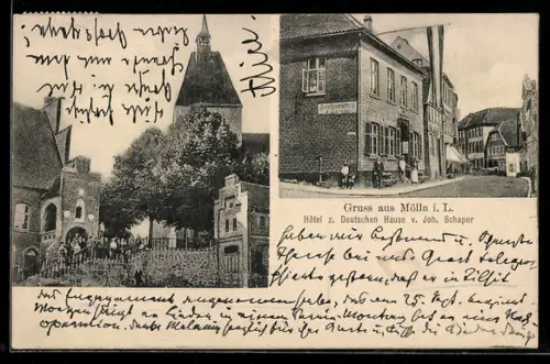 AK Mölln i. L., Hotel zum Deutschen Hause von Joh. Schaper, Ortspartie mit Kirche