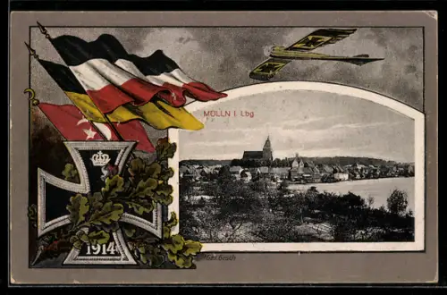 Grusskarten-AK Mölln i. Lbg., Ortsansicht mit Kirche, Eisernes Kreuz 1914, Jagdflugzeug, Fahnen der Verbündeten