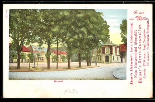 AK Mölln, Ortspartie mit Strasse am Bauhof, Werbung für Kaisers Kindermehl