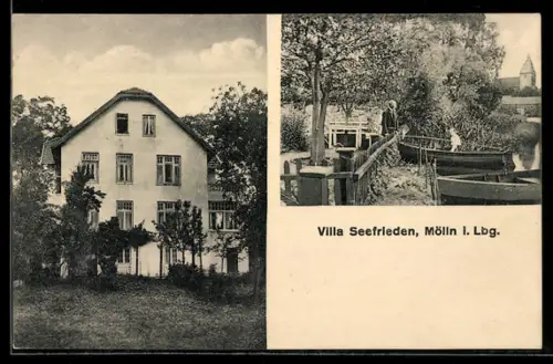 AK Mölln i. Lbg., Hotel Villa Seefrieden, Besitzer F. Egge, Anlegestelle für Ruderboote