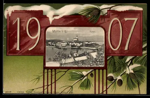 Grusskarten-AK Mölln i. L., Totalansicht im Winter, Passepartout 1907