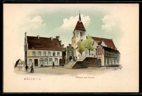 Künstler-AK Eugen Felle: Mölln i. L., Rathaus und Kirche