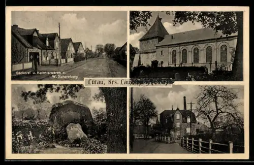AK Lütau /Lauenburg, Bäckerei und Kolonialwarengeschäft von W. Scharnberg, Kirche, Kriegerdenkmal