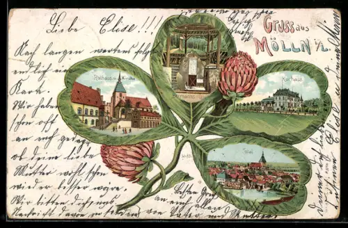 Passepartout-Lithographie Mölln i. L., Kurhaus, Rathaus und Kirche, Totalansicht des Ortes, Kleeblatt