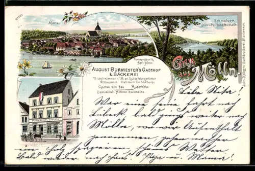 Lithographie Mölln, Burmesters Gasthof, Schmalsee, Blick vom Pavillon der Waldhalle, Totalansicht des Ortes