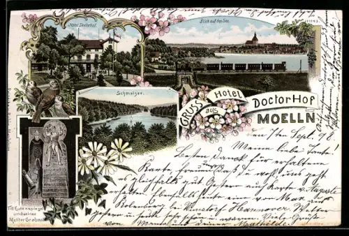 Lithographie Moelln, Hotel Doctorhof, Blick auf den See mit Eisenbahnlinie, Till Eulenspiegels u. seiner Mutter Grabmal