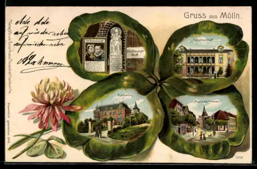 Passepartout-Lithographie Mölln, Schützenhof, Kurhaus, Partie auf der Marktstrasse, Ansichten auf einem Kleeblatt