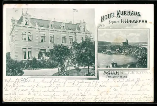 AK Mölln i. L., Hotel Kurhaus, Besitzer H. Haushahn, Aussenansicht, Ortsansicht mit Kirche