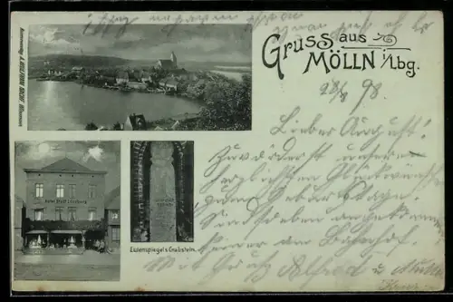 Mondschein-AK Mölln i. Lbg., Hotel Stadt Lüneburg, Till Eulenspiegels Grabstein, Ortsansicht mit Kirche