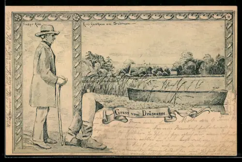 AK Drüsen, Ries Gasthaus am Drüsensee, Portrait Fischer Ries