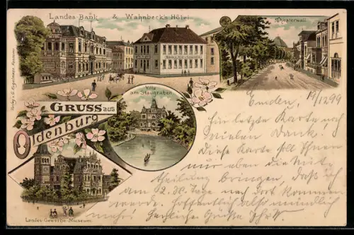 Lithographie Oldenburg, Wahnbeck`s Hotel, Landes Bank, Villa am Staugarten, Landes-Gewerbe-Museum