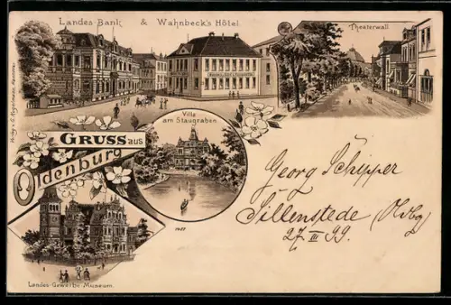 Lithographie Oldenburg, Wahnbeck`s Hotel, Landesbank, Villa am Stadtgraben, Theaterwall, Landes-Gewerbemuseum