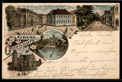Lithographie Oldenburg, Wahnbeck`s Hotel, Landes Bank, Villa am Staugarten, Landes-Gewerbe-Museum