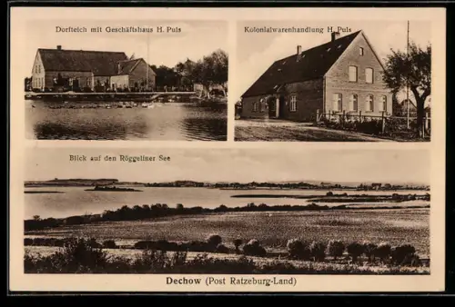 AK Dechow /Ratzeburg, Geschäftshaus H. Puls, Kolonialwarenhandlung H. Puls, Blick auf den Röggeliner See