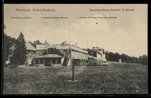AK Gotha-Boxberg, Gasthaus G. Borisch, Wohnhaus, I. und II. Tribüne