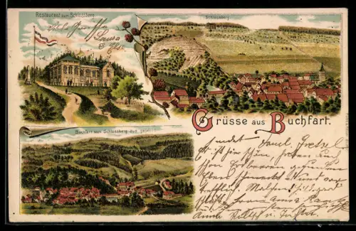 Lithographie Buchfart, Totalansicht mit Schlossberg, Restaurant zum Schlossberg