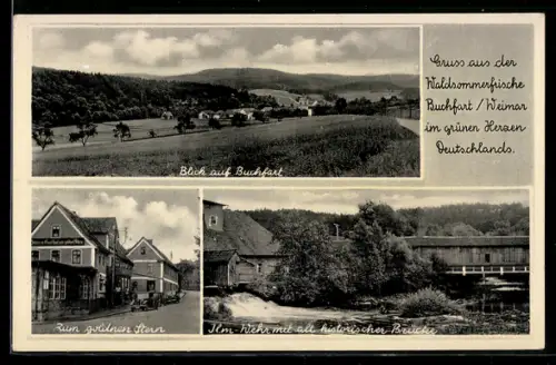 AK Buchfart / Weimar, Gasthof zum goldnen Stern, Ilm-Wehr mit historischer Brücke