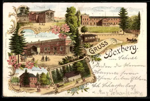 Lithographie Gotha, Gasthof Boxberg, Tribünen, Wohnhaus und Altes Pürschhaus