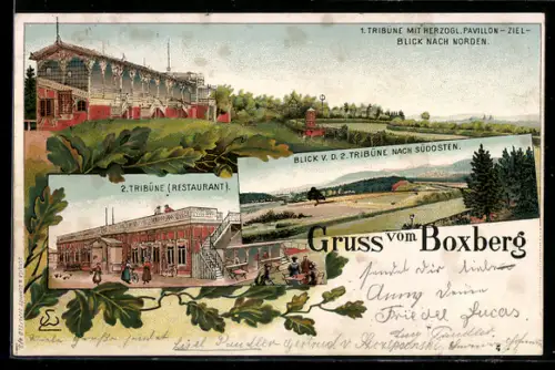 Lithographie Gotha, Boxberg-Rennbahn, 1. u. 2. Tribüne mit Restaurant