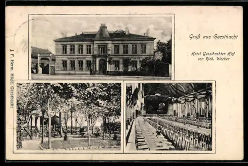 AK Geesthacht, Hotel Geesthachter Hof, Inh. Rich. Wecker, Aussenansicht, Speisesaal und Garten
