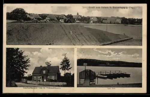 AK Salem b. Ratzeburg, Totalansicht, Geschäft von E. Timmermann und Partie am See